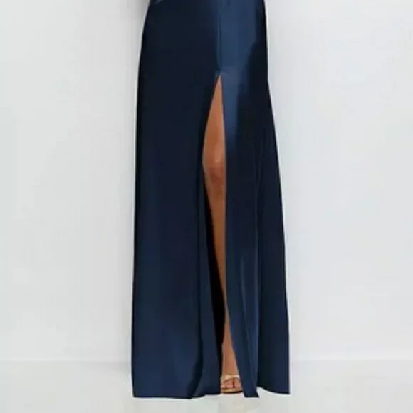 After Six Midnight Navy Blue Satin Convertable Gown 6898